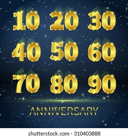 Set signs the anniversary of gold metal numbers against dark starry sky
