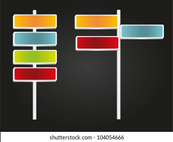set of signs with arrows and rectangular, green, blue, red and orange isolated on black background