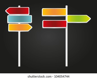set of signs with arrows and rectangular, green, blue, red and orange isolated on black background