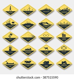 set of signs of attention, caution and danger. road signs yellow rhombus