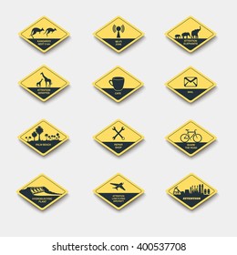 set of signs of attention, caution and danger. road signs yellow rhombus