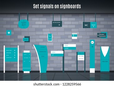 A set of signs for business. Direction, wall mount and billboard design. A set of outdoor and indoor signs for advertising. sign of pylon, signs, advertising construction of signs.