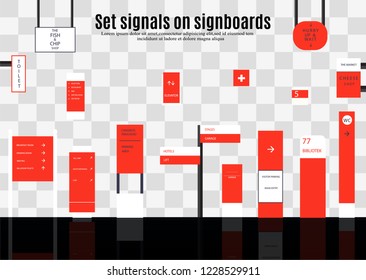 A set of signs for business. Direction, wall mount and billboard design. A set of outdoor and indoor signs for advertising. sign of pylon, signs, advertising construction of signs.