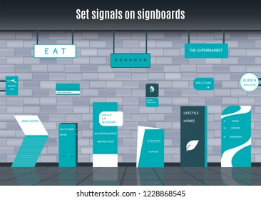 Eine Reihe von Zeichen für Unternehmen. Richtung, Wandmontage und Plakatdesign. Eine Reihe von Outdoor- und Indoor-Schildern für Werbung. Zeichen von Pylon, Schildern, Werbeschilderung von Schildern.