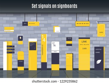 A set of signs for business. Direction, wall mount and billboard design. A set of outdoor and indoor signs for advertising. sign of pylon, signs, advertising construction of signs.