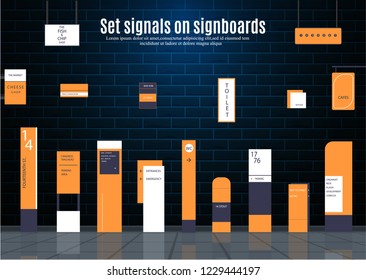 A set of signs for business. Direction, wall mount and billboard design. A set of outdoor and indoor signs for advertising. sign of pylon, signs, advertising construction of signs.