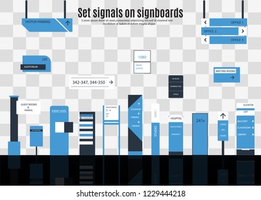 A set of signs for business. Direction, wall mount and billboard design. A set of outdoor and indoor signs for advertising. sign of pylon, signs, advertising construction of signs.