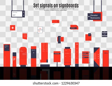 A set of signs for business. Direction, wall mount and billboard design. A set of outdoor and indoor signs for advertising. sign of pylon, signs, advertising construction of signs.