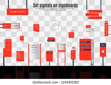 A set of signs for business. Direction, wall mount and billboard design. A set of outdoor and indoor signs for advertising. sign of pylon, signs, advertising construction of signs.