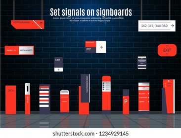A set of signs for business. Direction, wall mount and billboard design. A set of outdoor and indoor signs for advertising. sign of pylon, signs, advertising construction of signs.