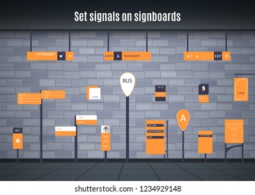 A set of signs for business. Direction, wall mount and billboard design. A set of outdoor and indoor signs for advertising. sign of pylon, signs, advertising construction of signs.