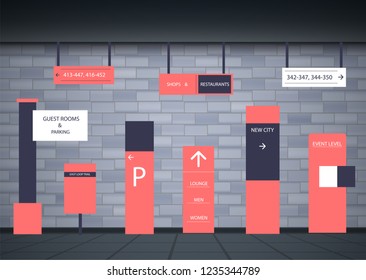 A set of signs for business. Direction, wall mount and billboard design. A set of outdoor and indoor signs for advertising. sign of pylon, signs, advertising construction of signs.