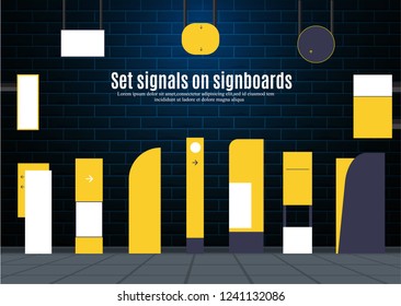 A set of signs for business. Direction, wall mount and billboard design. A set of outdoor and indoor signs for advertising. sign of pylon, signs, advertising construction of signs.