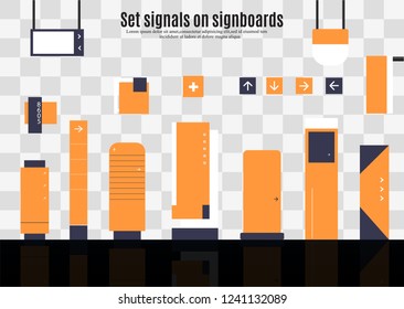 A set of signs for business. Direction, wall mount and billboard design. A set of outdoor and indoor signs for advertising. sign of pylon, signs, advertising construction of signs.