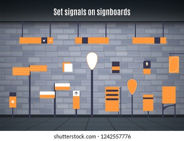 A set of signs for business. Direction, wall mount and billboard design. A set of outdoor and indoor signs for advertising. sign of pylon, signs, advertising construction of signs.