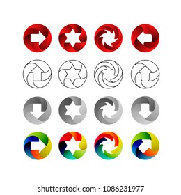 Set of signs, in the circular forms with the shadows inside. Arrows, stars, swirl in circle. Logo set, vector illustration