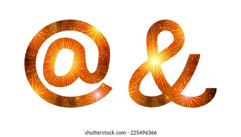 Set of signs commercial at, ampersand, stylized gold and orange holiday firework with stars and flares, elements for web design. Eps10, contains transparencies. Vector