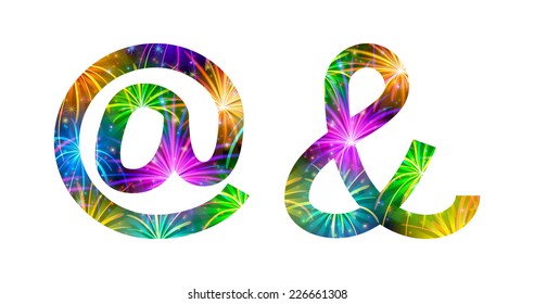 Set of signs commercial at, ampersand, stylized colorful holiday firework with stars and flares, elements for web design. Eps10, contains transparencies. Vector