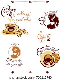 Set of signs with cups, croissant,  girl face, elements for Menu design for coffeehouse, cafe, restaurant, bar. Hand written calligraphic text Enjoy the moment, Coffee is always a good idea.