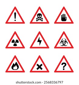 set of signs, Danger Risk Warning Triangle Signs Set, Vector attention red and white signs, exclamation mark, crossbones, hand symbol, radiation, lightning bolt, biohazard, flame, X, question mark.