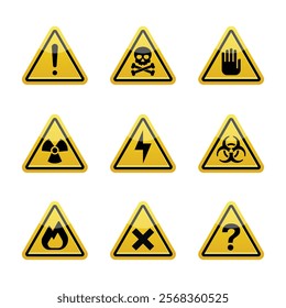 set of signs, Danger Risk Warning Triangle Signs Set, Vector attention yellow and black signs with reflection isolated on white, exclamation mark, crossbones, hand symbol, radiation, lightning bolt.