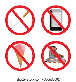 Set of signs for different prohibited activities. No signs. No smoking. No ice cream or food. No skating. No smartphone