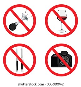 Set of signs for different prohibited activities. No signs. No drinking. No photographing. No weapon
