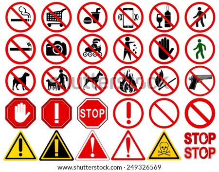 Set of  Signs for Different Prohibited Activities. "No" signs, No smoking, No drinking, No photographing, No dogs, No walk and other. Vector illustration - you can simply change color and size 
