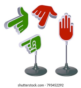 Set of signs of directions form of pointing fingers isolated on white background. Vector cartoon close-up illustration.