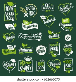 Set of signs and elements for organic food and drink, restaurant, food store, natural products, farm fresh food,  e-commerce, healthy product promotion.