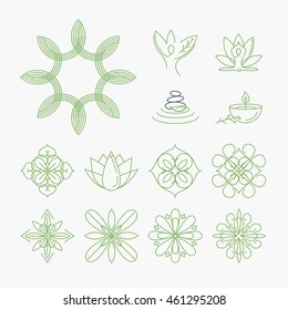 Set of signs and elements for spa, yoga and wellness, beauty and fashion, cosmetics and natural products. Thin line vector illustration concepts for graphic and web design.