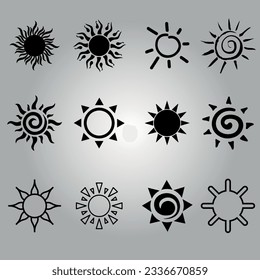 set of signs and emblems of the sun. Vector drawing on grey gradient background