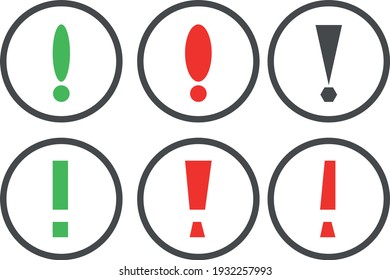 
eine Reihe von Zeichen "Ausrufezeichen" verschiedener Formen und Farben, die in einem Kreis dargestellt sind