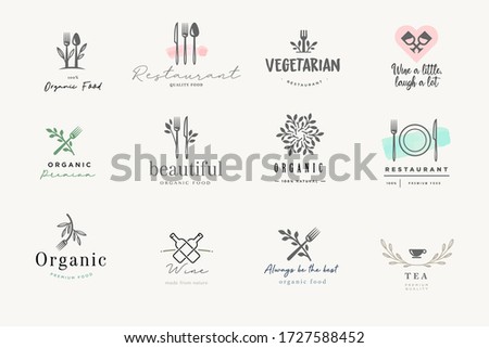 Set of signs for food and drink. Vector illustrations for graphic and web design, marketing material, restaurant menu, natural products presentation, packaging design.
