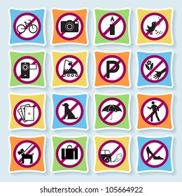 Set of signs forbidding people to communicate in hotel and city.