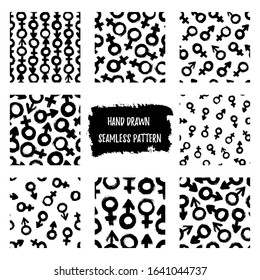 Set of Signs of gender seamless patterns of brushstrokes. Vector monochrome grunge texture from the symbols of Venus and Mars. Scandinavian background for print on textiles, paper, Wallpaper, t-shirt