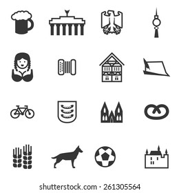 Set of signs of Germany. Set include beer, eagle, Brandenburg gate, berlin TV tower, woman, accordion, harmonica, German house, German hat, bicycle, football, castle, German Shepherd, Pretzel.