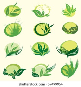 Set of signs with green leafs 2 - which show idea of ecology and freshness.