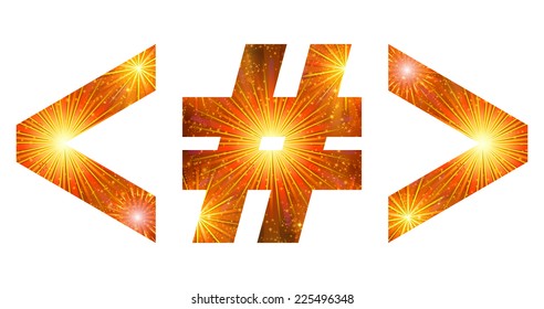 Set of signs hash mark, greater-than sign, less than sign, stylized gold and orange holiday firework with stars and flares, elements for web design. Eps10, contains transparencies. Vector