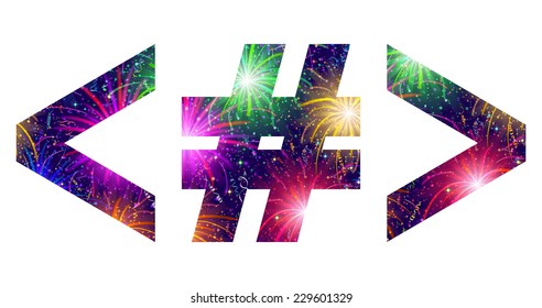 Set of signs hash mark, greater-than sign, less than sign, stylized colorful holiday firework with stars and flares, elements for web design. Eps10, contains transparencies. Vector