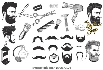 Set of signs and icons for barbershop isolated on a white background. Vector graphics.