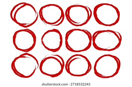 Conjunto de signos aislados sobre fondo blanco Vector. Conjunto de óvalos dibujados a mano. Colección de resaltador de texto de pluma roja incompleta. Escribir signos redondos destacados. Ilustración vectorial.