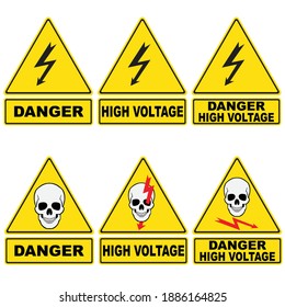 Set of signs with lightning bolt and skull to indicate high voltage