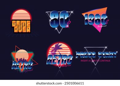 Set of signs and logos in Retrowave style.Retro 80's typography design.