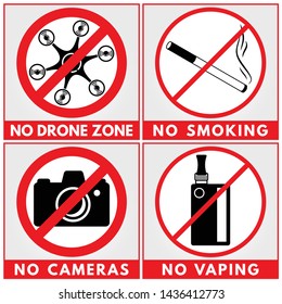 Set of Signs - No drone zone, No Photo, No Vaping, No Smoking sign. Vector illustration.