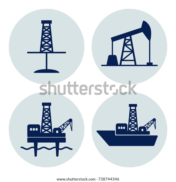 Set of\
signs for oil and gas industry: onshore and offshore drilling. Dark\
blue flat vector icons on grey\
background.