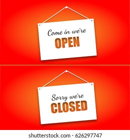 Set of signs on the doors Opened and Closed on a bright red background. Hanging signs, paper card.