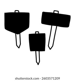 set of signs on garden plugs. Monochrome black flat doodle illustration isolated. Signs for inscriptions. Ideal for projects related to gardening, ecology, organic farming and outdoor lifestyle