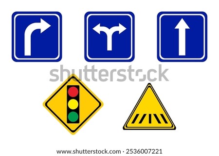 set of signs on the road. continuing roads, fork roads, turning roads, traffic lights, and pedestrian crossing.