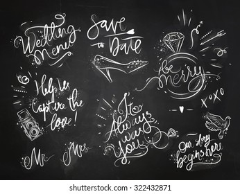 Set of signs on wedding theme drawing with white ink on black paper